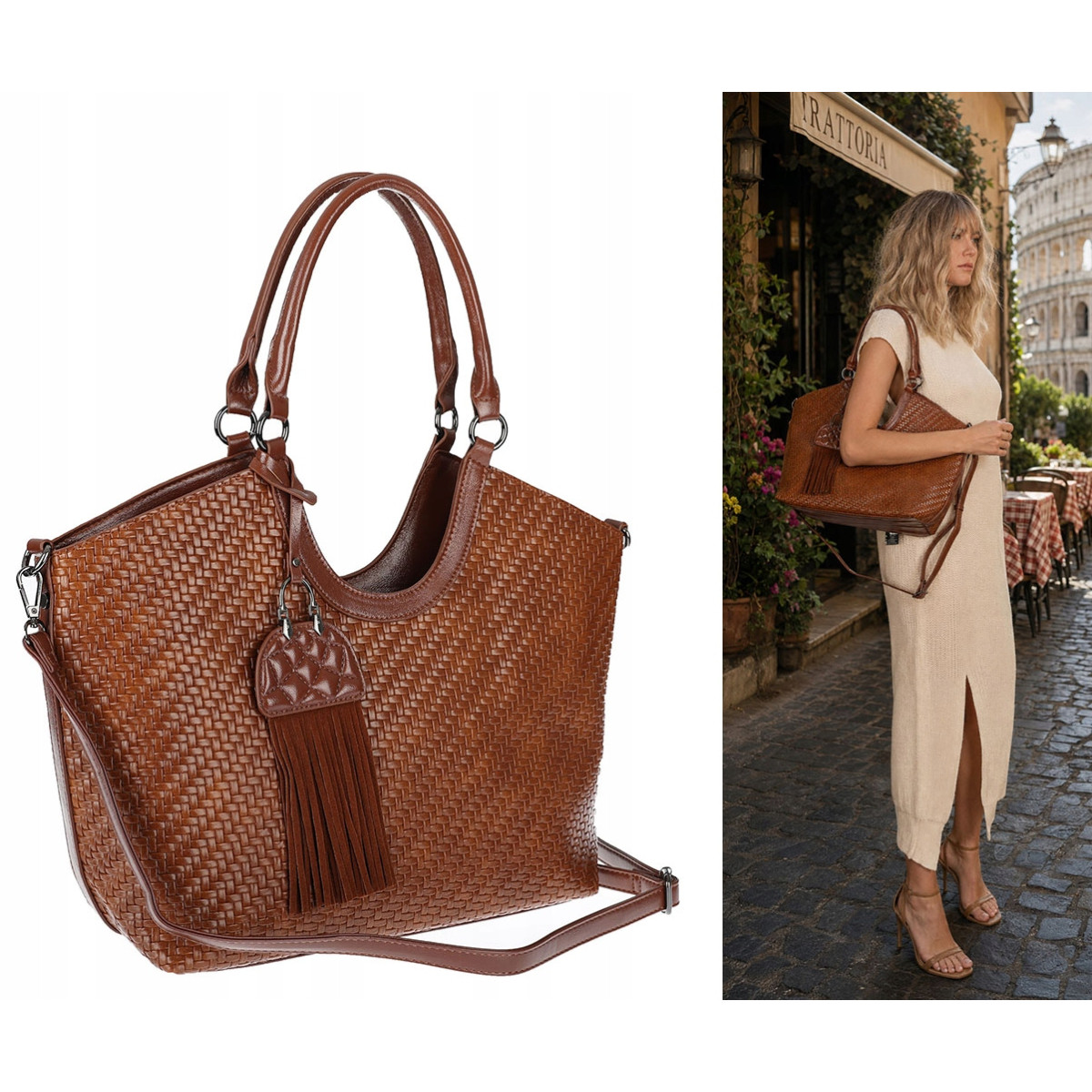 Torebka Damska Shopper na Ramię modna do ręki Listonoszka MC819 Brązowa