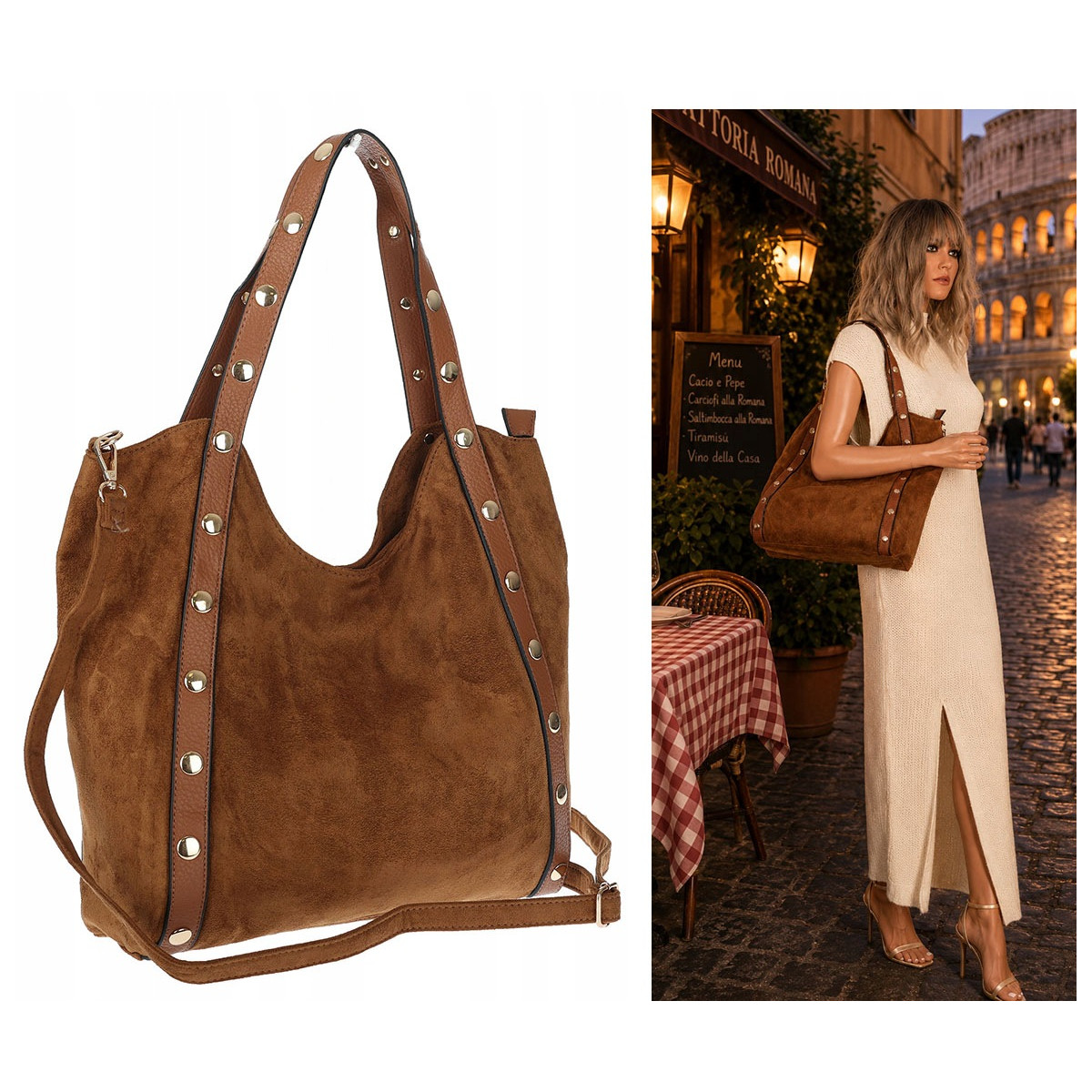 Torebka Damska Shopper na Ramię worek torba Listonoszka HJ1386 Brązowa
