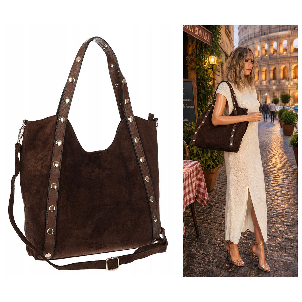 Torebka Damska Shopper na Ramię worek torba Listonoszka HJ1386 Czekoladowa