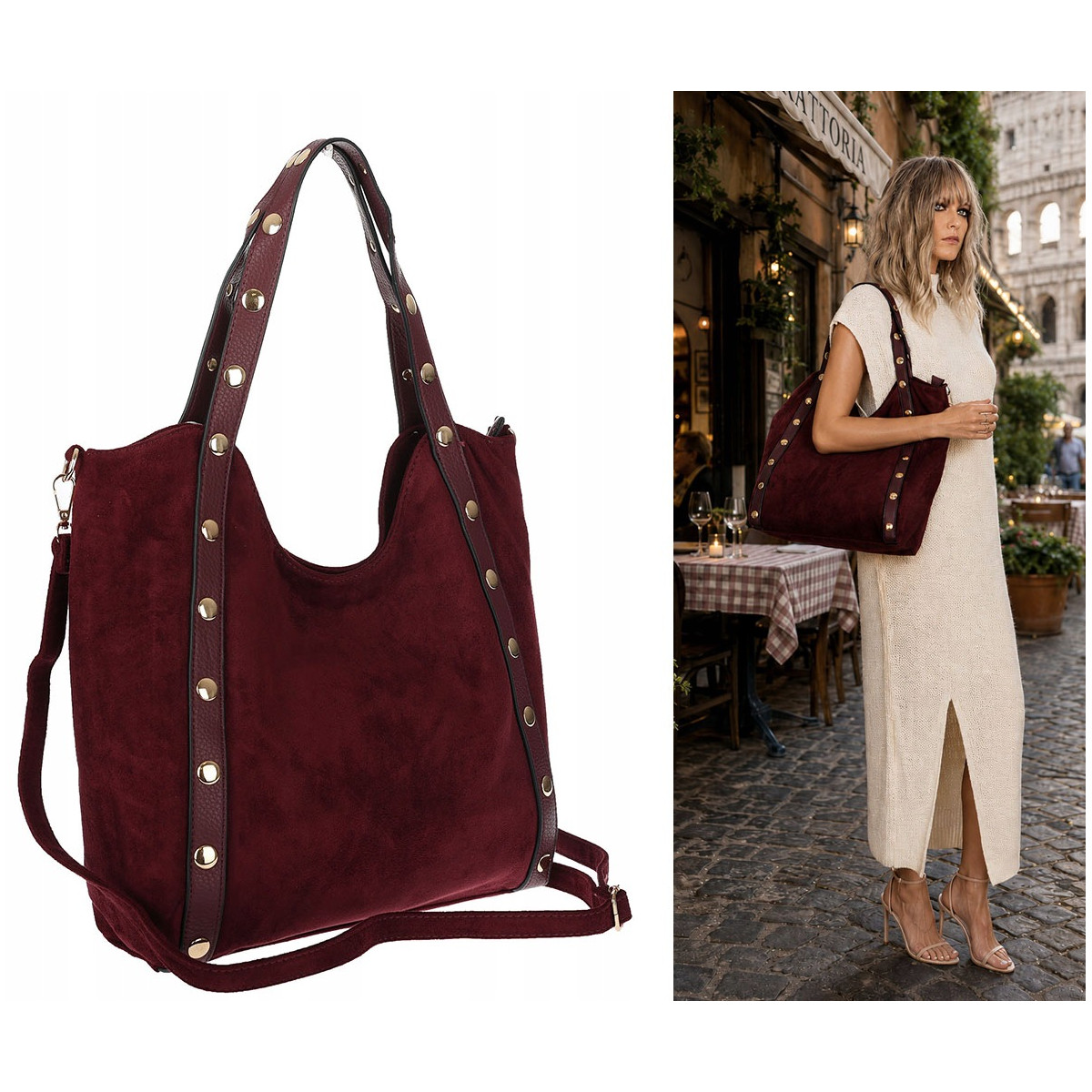 Torebka Damska Shopper na Ramię worek torba Listonoszka HJ1386 Bordowa