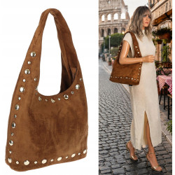 Torebka damska zamszowa worek shopper z ćwiekami modna torba HJ1385 Brązowa