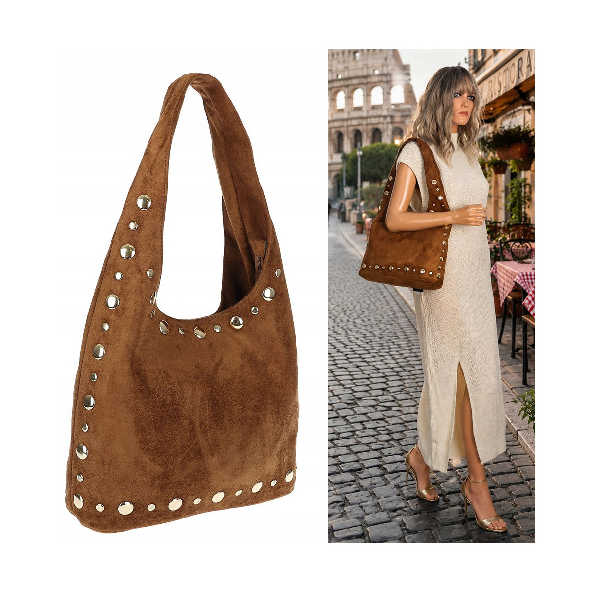 Torebka damska zamszowa worek shopper z ćwiekami modna torba HJ1385 Brązowa