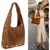 Torebka damska zamszowa worek shopper z ćwiekami modna torba HJ1385 Brązowa