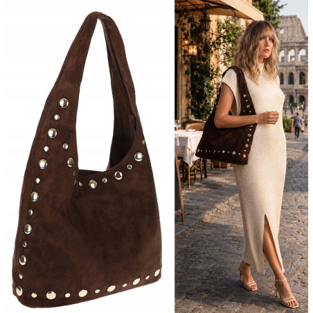 Torebka damska zamszowa worek shopper z ćwiekami modna HJ1385 Czekoladowa