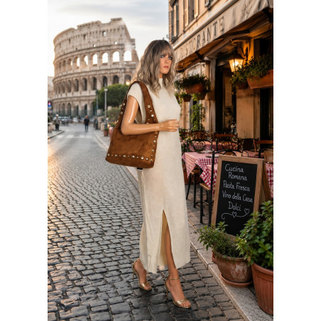 Torebka damska zamszowa worek shopper z ćwiekami modna torba HJ1385 Brązowa