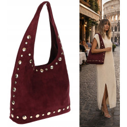 Torebka damska zamszowa worek shopper z ćwiekami modna torba HJ1385 Bordowa