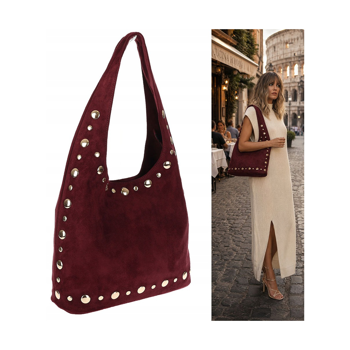 Torebka damska zamszowa worek shopper z ćwiekami modna torba HJ1385 Bordowa
