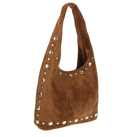 Torebka damska zamszowa worek shopper z ćwiekami modna torba HJ1385 Brązowa