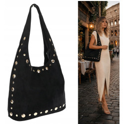 Torebka damska zamszowa worek shopper z ćwiekami modna torba HJ1385 Czarna