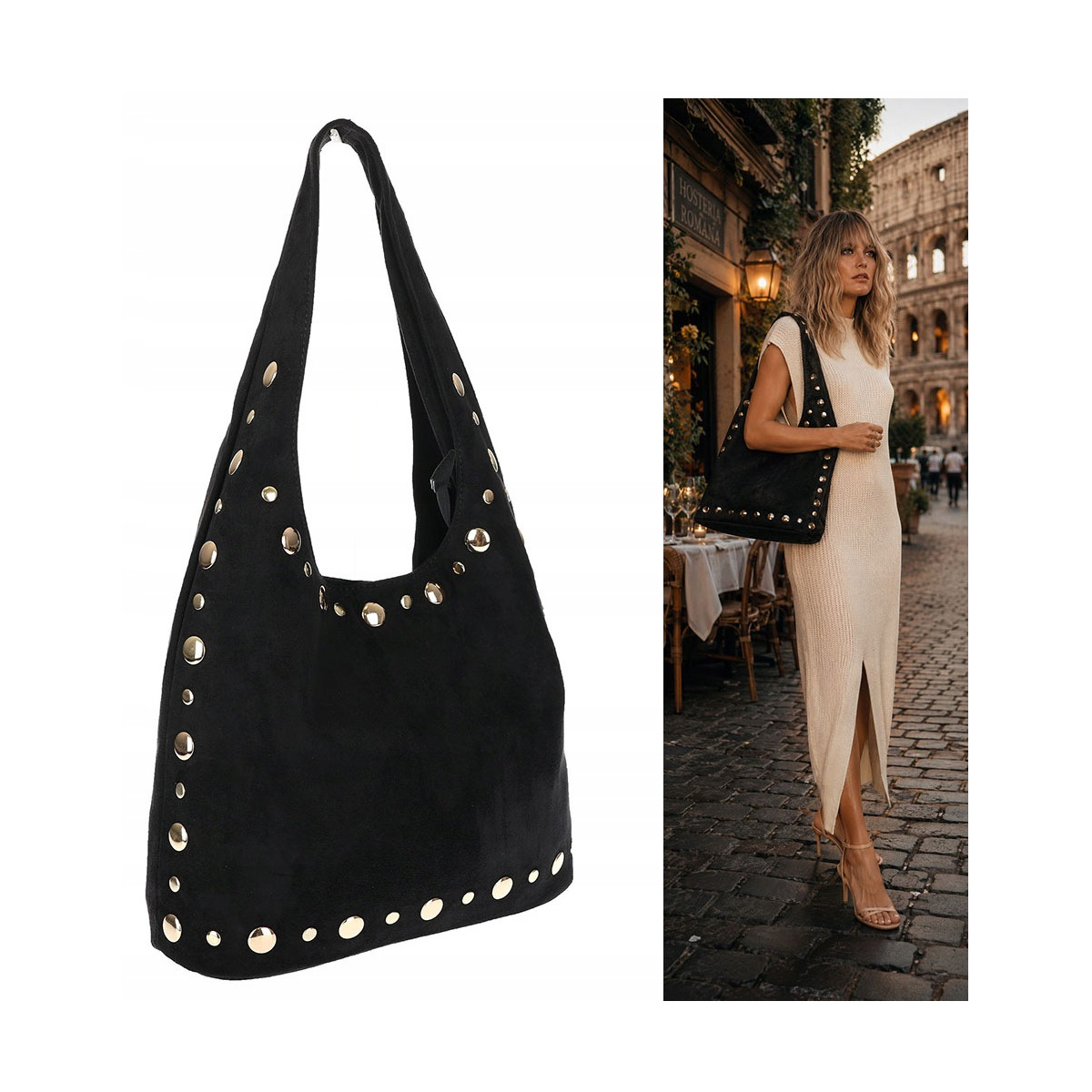 Torebka damska zamszowa worek shopper z ćwiekami modna torba HJ1385 Czarna
