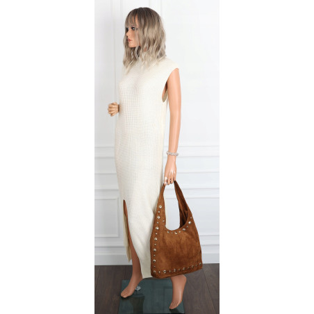 Torebka damska zamszowa worek shopper z ćwiekami modna torba HJ1385 Brązowa