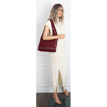 Torebka damska zamszowa worek shopper z ćwiekami modna torba HJ1385 Bordowa