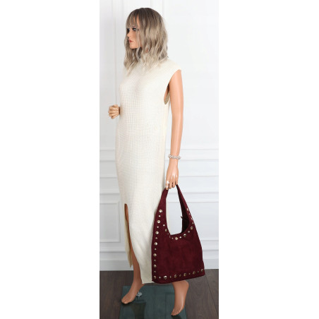 Torebka damska zamszowa worek shopper z ćwiekami modna torba HJ1385 Bordowa