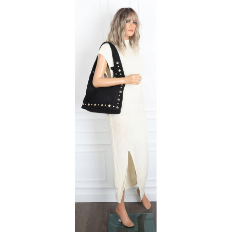 Torebka damska zamszowa worek shopper z ćwiekami modna torba HJ1385 Czarna