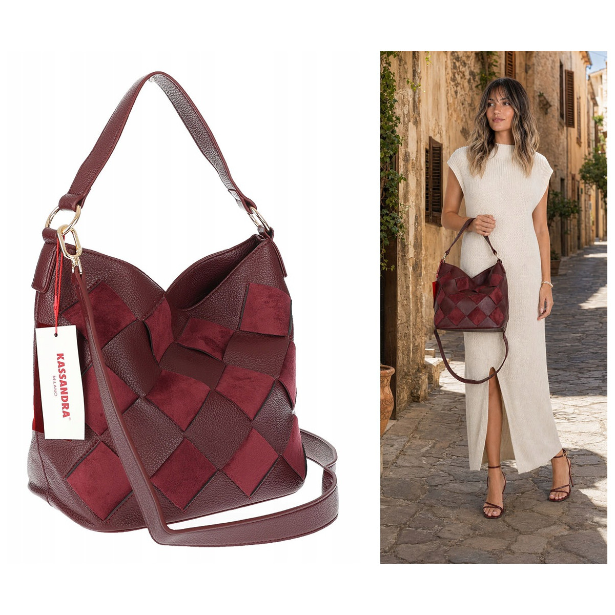 Torebka damska shopper worek pleciona zamszowa modna torba KSD064 Bordowa