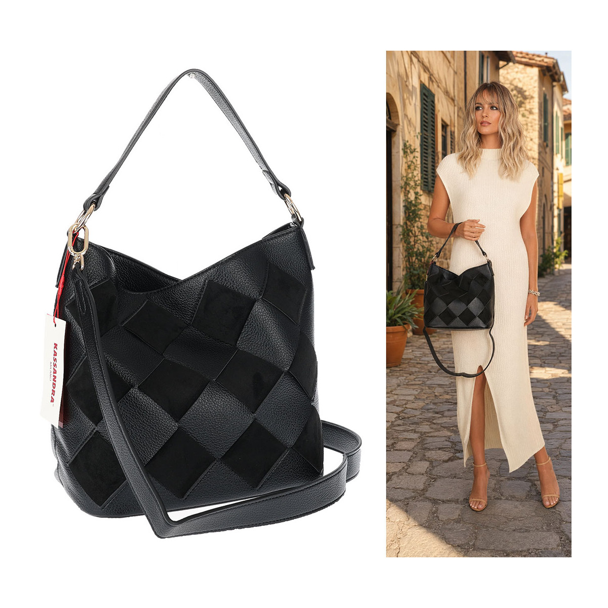 Torebka damska shopper worek pleciona zamszowa na ramię modna KSD064 Czarna