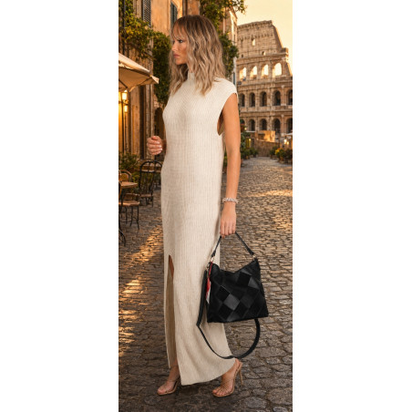 Torebka damska shopper worek pleciona zamszowa na ramię modna KSD064 Czarna