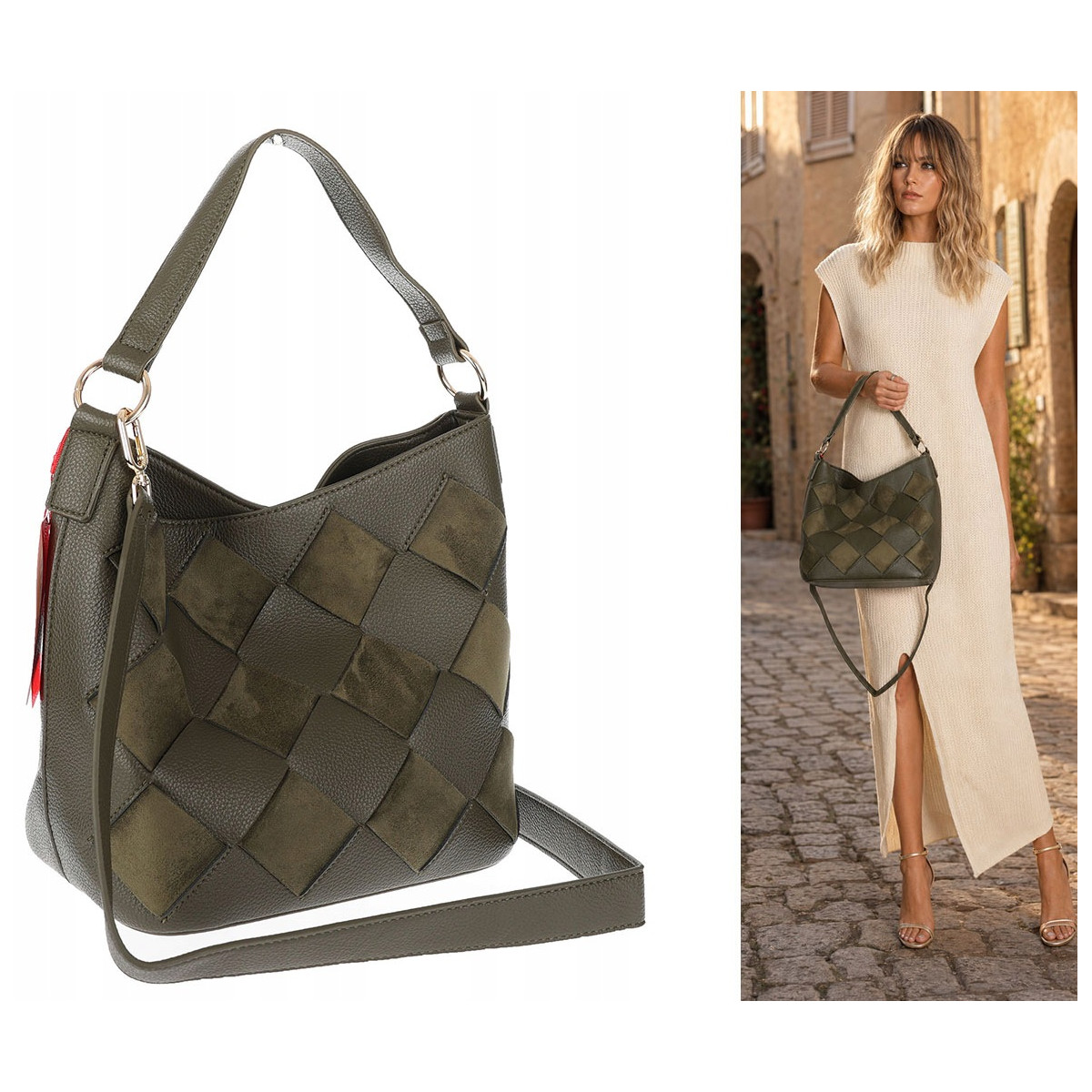 Torebka damska shopper worek pleciona zamszowa modna torba KSD064 Zielona