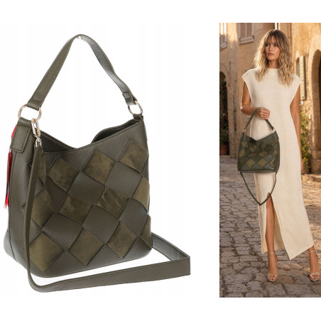 Torebka damska shopper worek pleciona zamszowa modna torba KSD064 Zielona
