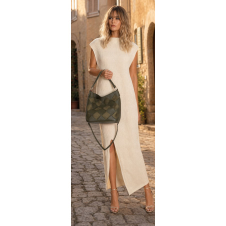 Torebka damska shopper worek pleciona zamszowa modna torba KSD064 Zielona
