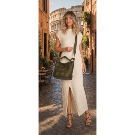 Torebka damska shopper worek pleciona zamszowa modna torba KSD064 Zielona