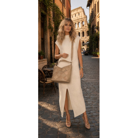 Torebka damska shopper worek pleciona zamszowa na ramię modna KSD064 Beżowa