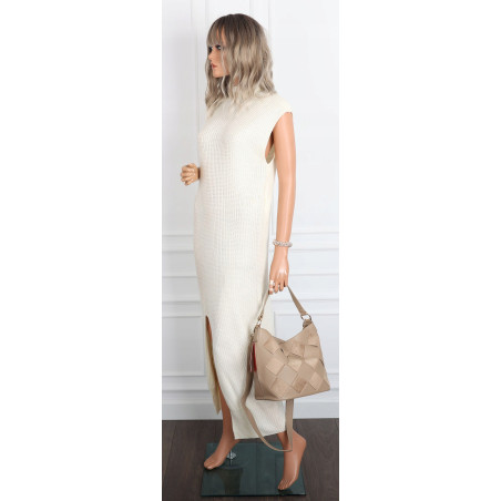 Torebka damska shopper worek pleciona zamszowa na ramię modna KSD064 Beżowa
