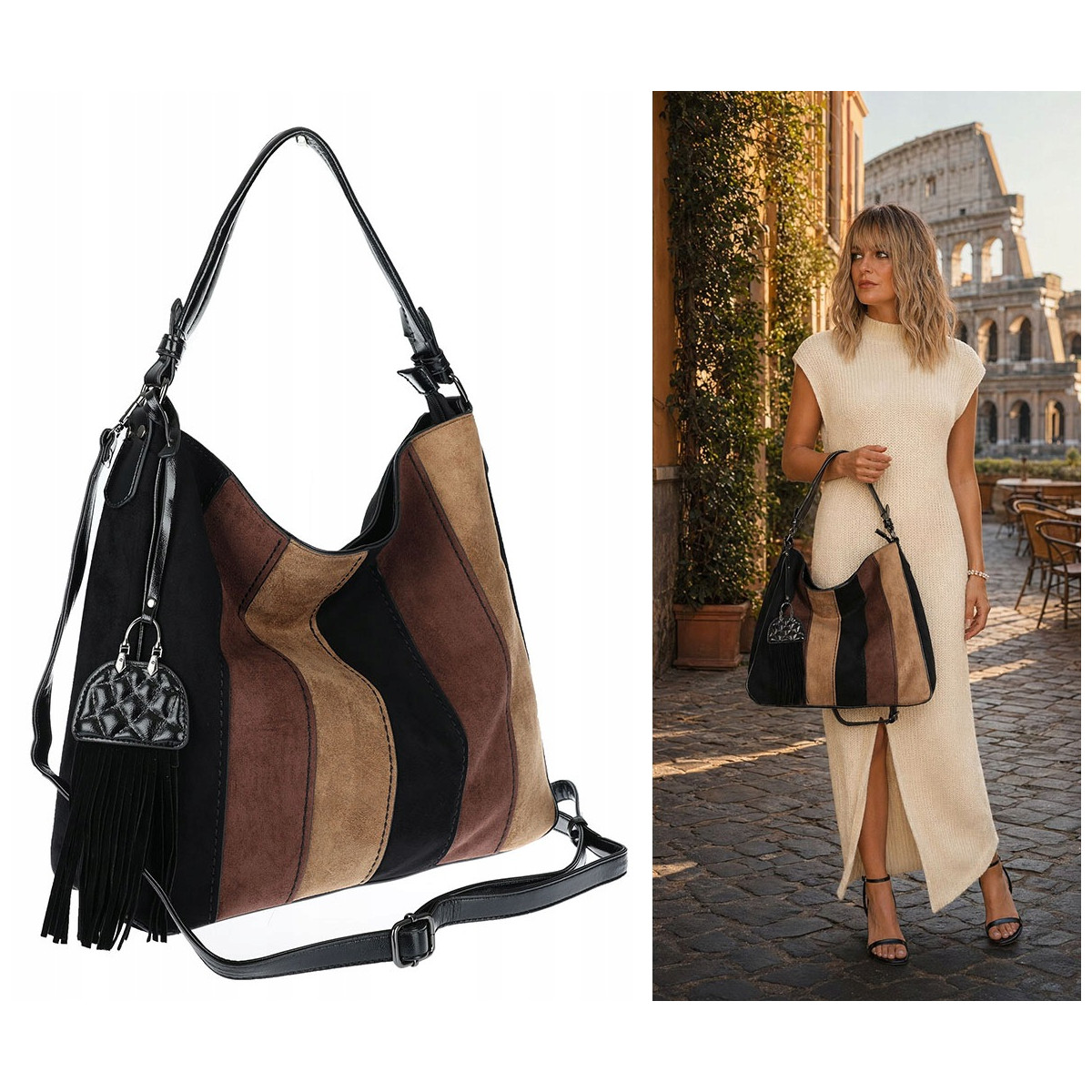 Torebka damska shopper worek zamszowa boho frędzle na ramię MC797 Czarna