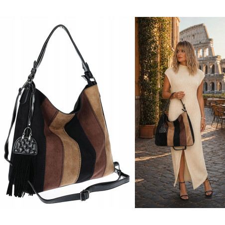 Torebka damska shopper worek zamszowa boho frędzle na ramię MC797 Czarna