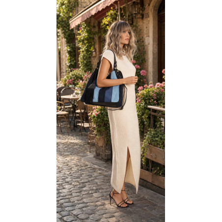 Torebka damska shopper worek zamszowa boho frędzle na ramię MC797 Granatowa