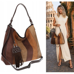 Torebka damska shopper worek torba zamszowa boho frędzle MC797 Czekoladowa