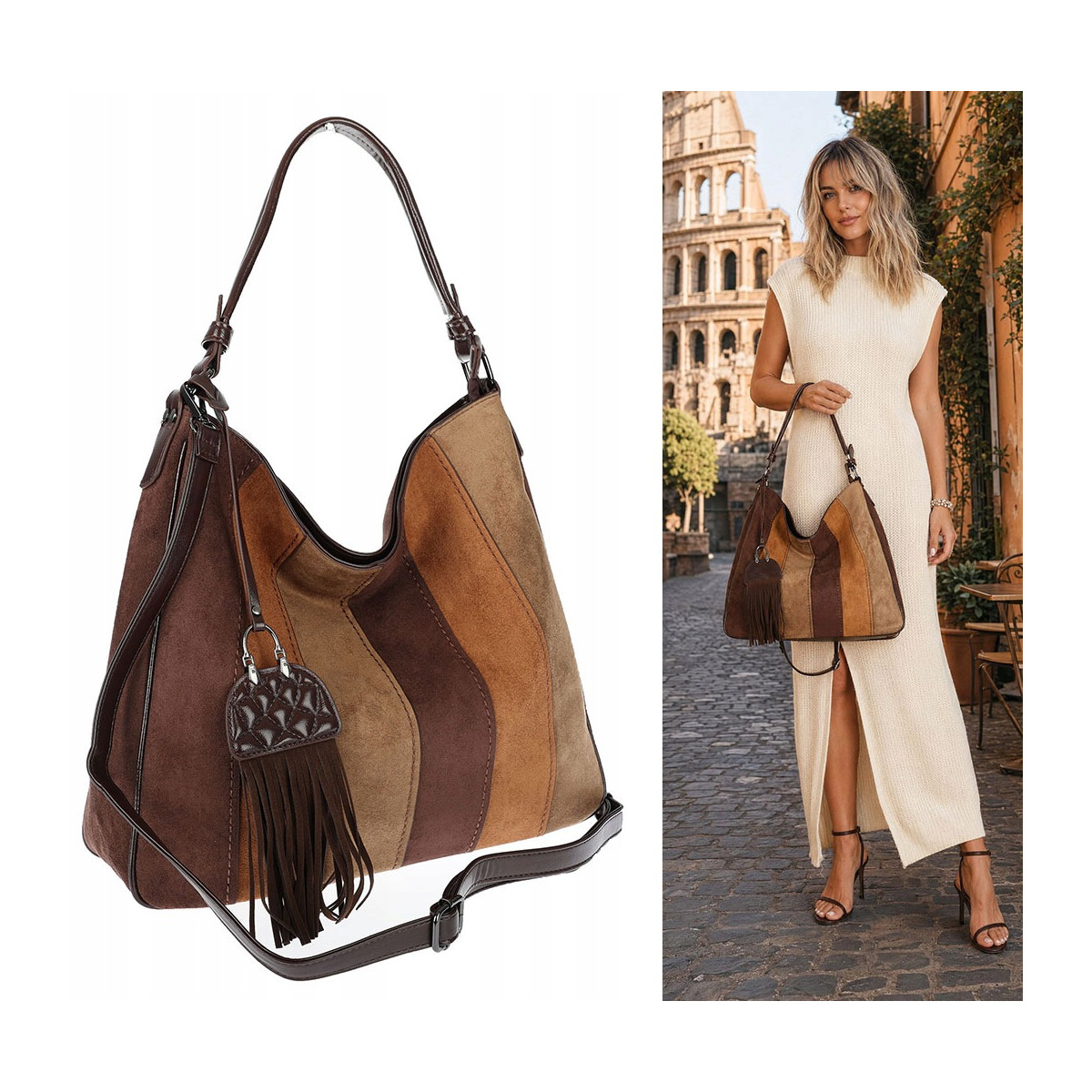 Torebka damska shopper worek torba zamszowa boho frędzle MC797 Czekoladowa