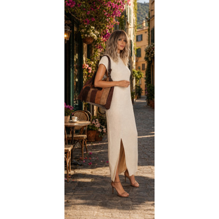 Torebka damska shopper worek torba zamszowa boho frędzle MC797 Czekoladowa