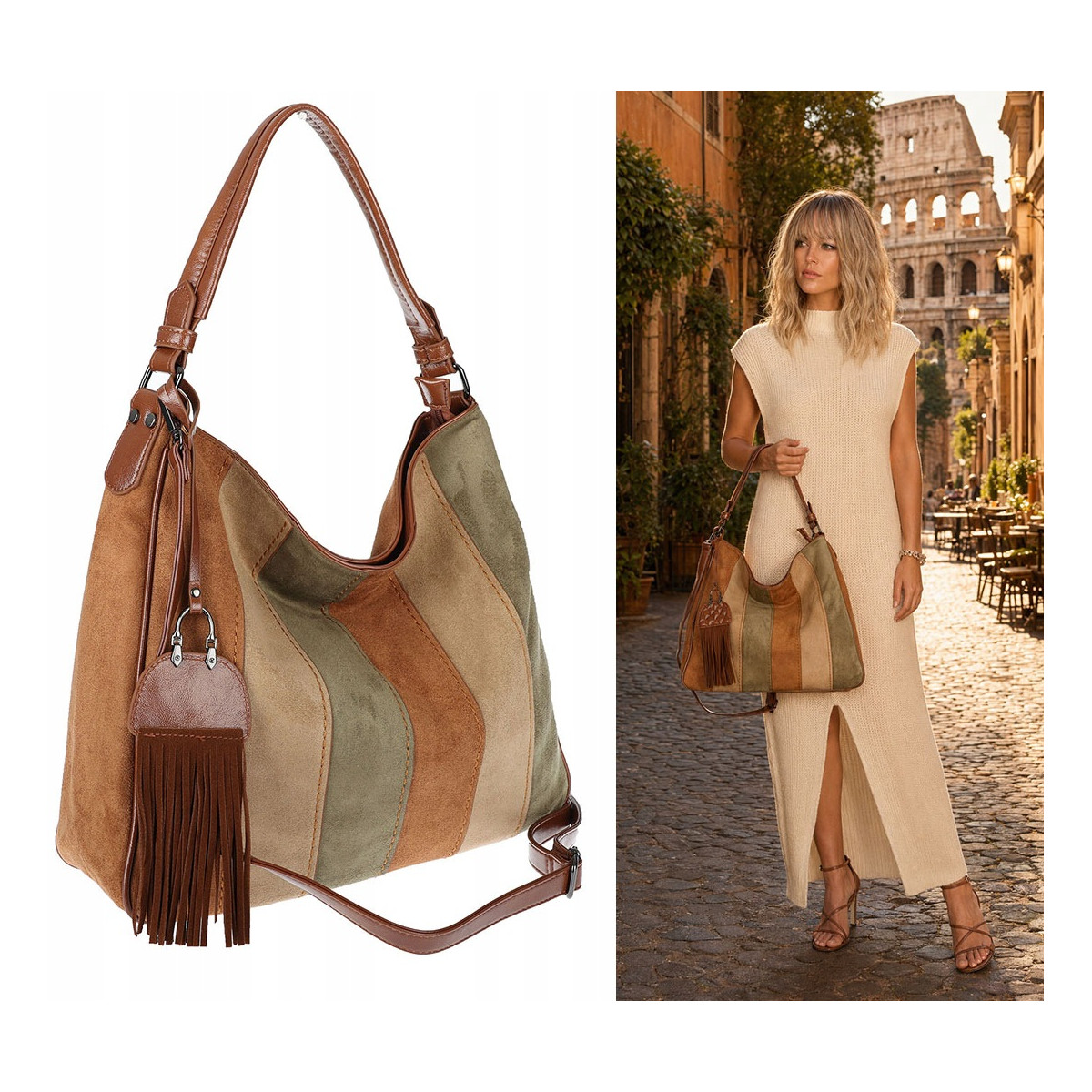 Torebka damska shopper worek zamszowa boho frędzle na ramię MC797 Brązowa