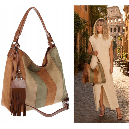 Torebka damska shopper worek zamszowa boho frędzle na ramię MC797 Brązowa