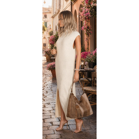 Torebka damska shopper worek zamszowa boho frędzle na ramię MC797 Beżowa