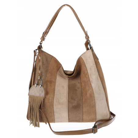Torebka damska shopper worek zamszowa boho frędzle na ramię MC797 Beżowa