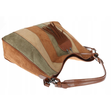 Torebka damska shopper worek zamszowa boho frędzle na ramię MC797 Brązowa