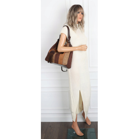 Torebka damska shopper worek torba zamszowa boho frędzle MC797 Czekoladowa