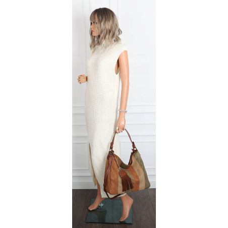 Torebka damska shopper worek zamszowa boho frędzle na ramię MC797 Brązowa
