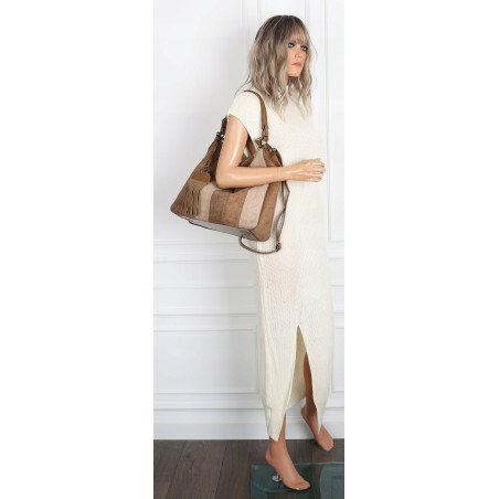 Torebka damska shopper worek zamszowa boho frędzle na ramię MC797 Beżowa