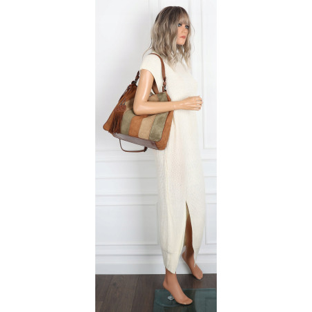 Torebka damska shopper worek zamszowa boho frędzle na ramię MC797 Brązowa