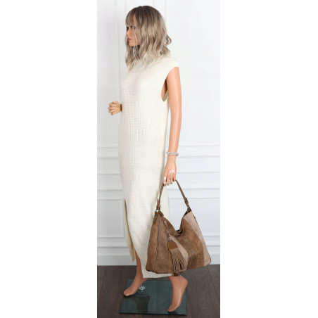 Torebka damska shopper worek zamszowa boho frędzle na ramię MC797 Beżowa