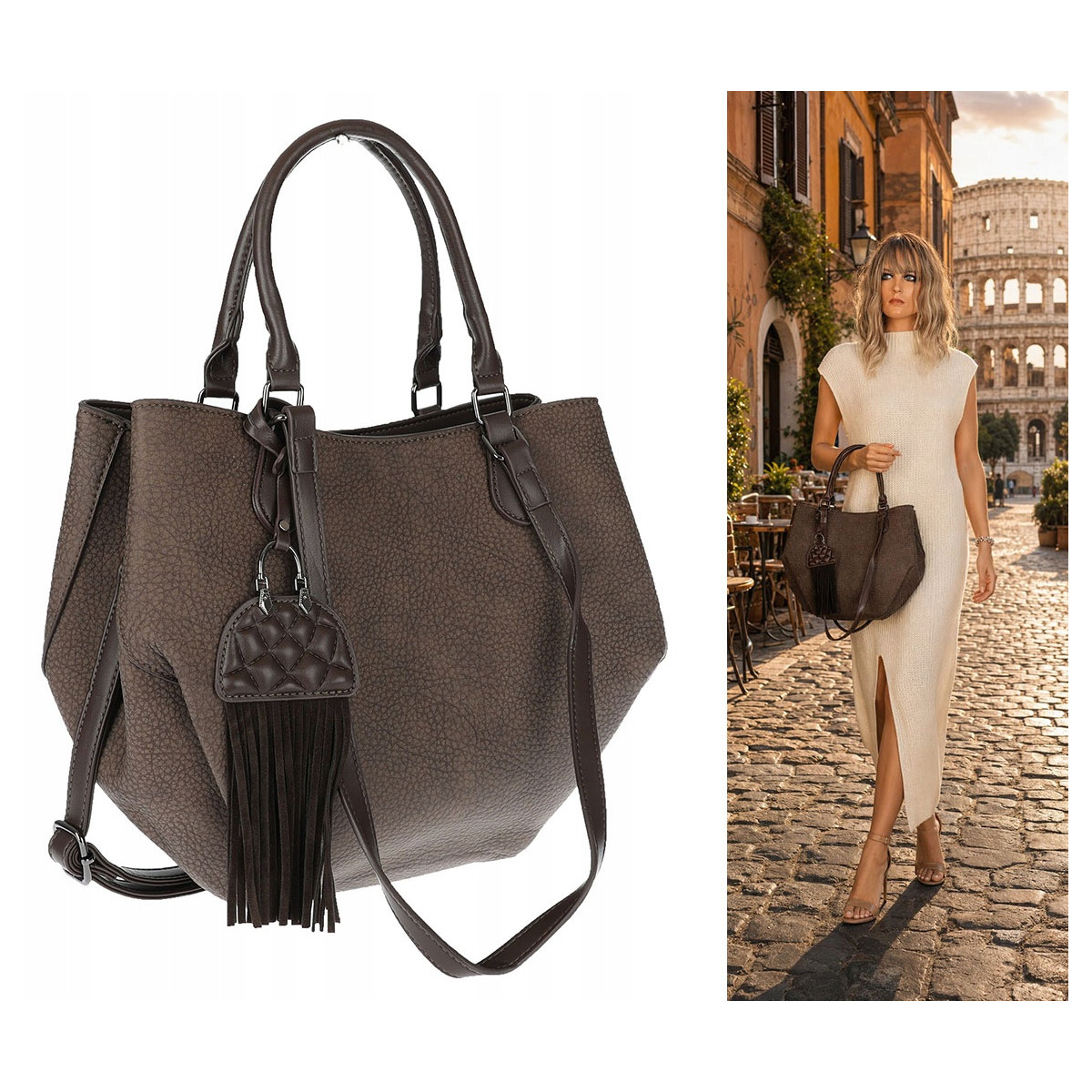 Torebka Damska Shopper na Ramię modna do ręki Listonoszka MC936 Czekoladowa