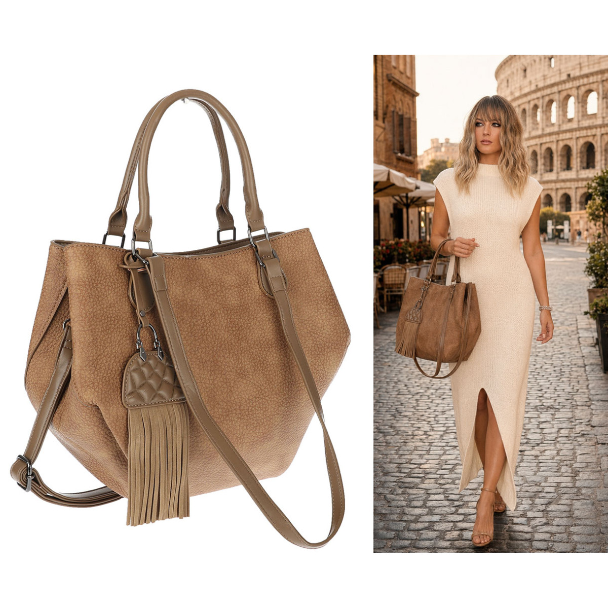 Torebka Damska Shopper na Ramię modna do ręki Listonoszka MC936 Beżowa
