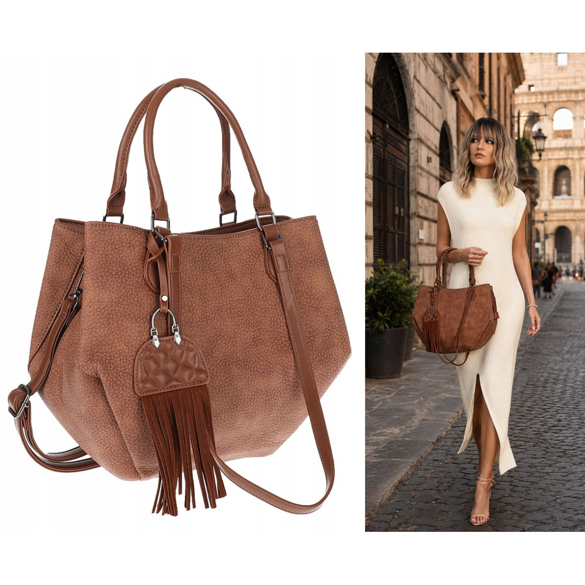 Torebka Damska Shopper na Ramię modna do ręki Listonoszka MC936 Brązowa
