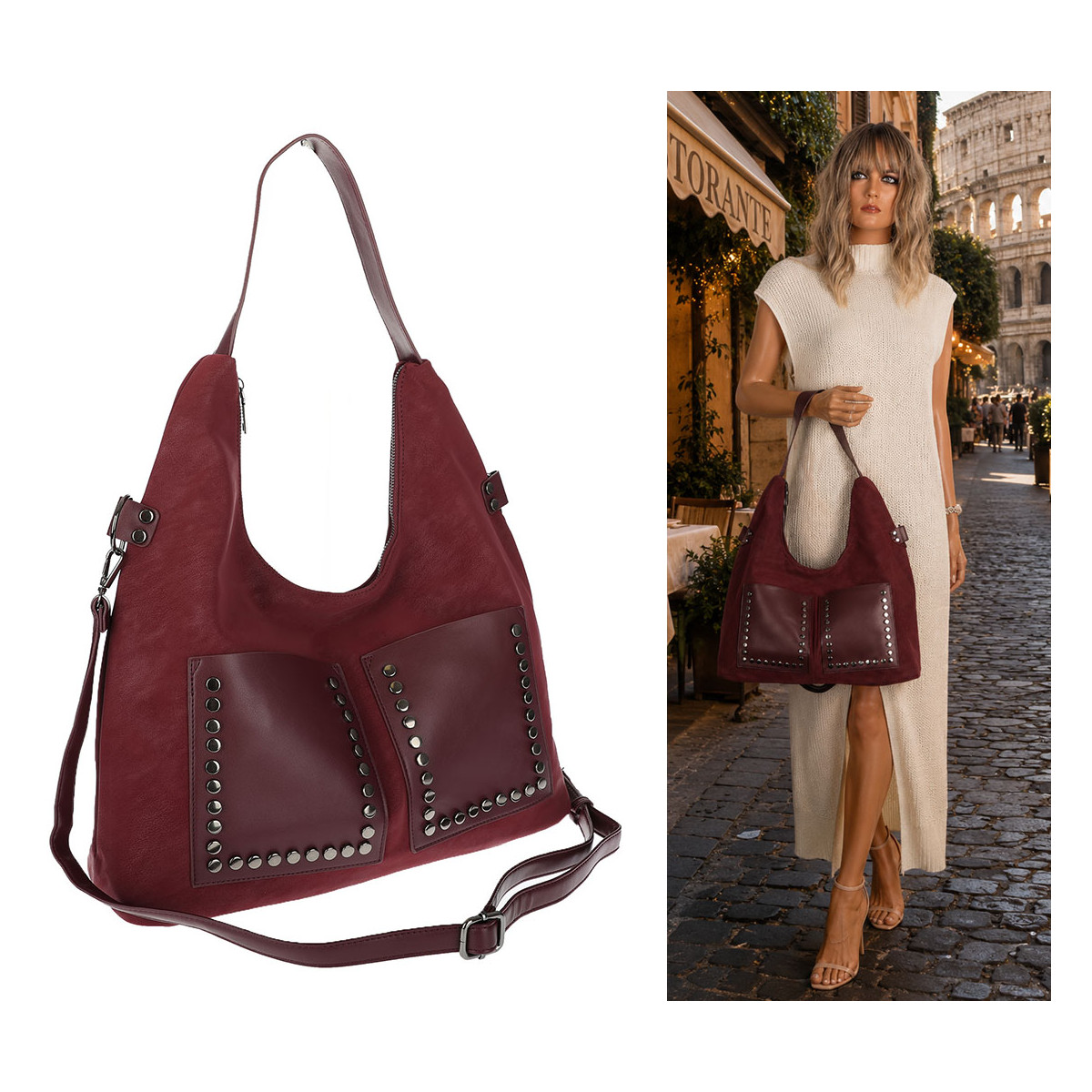 Torebka Damska Shopper na Ramię worek modna torba Listonoszka MC868 Bordowa