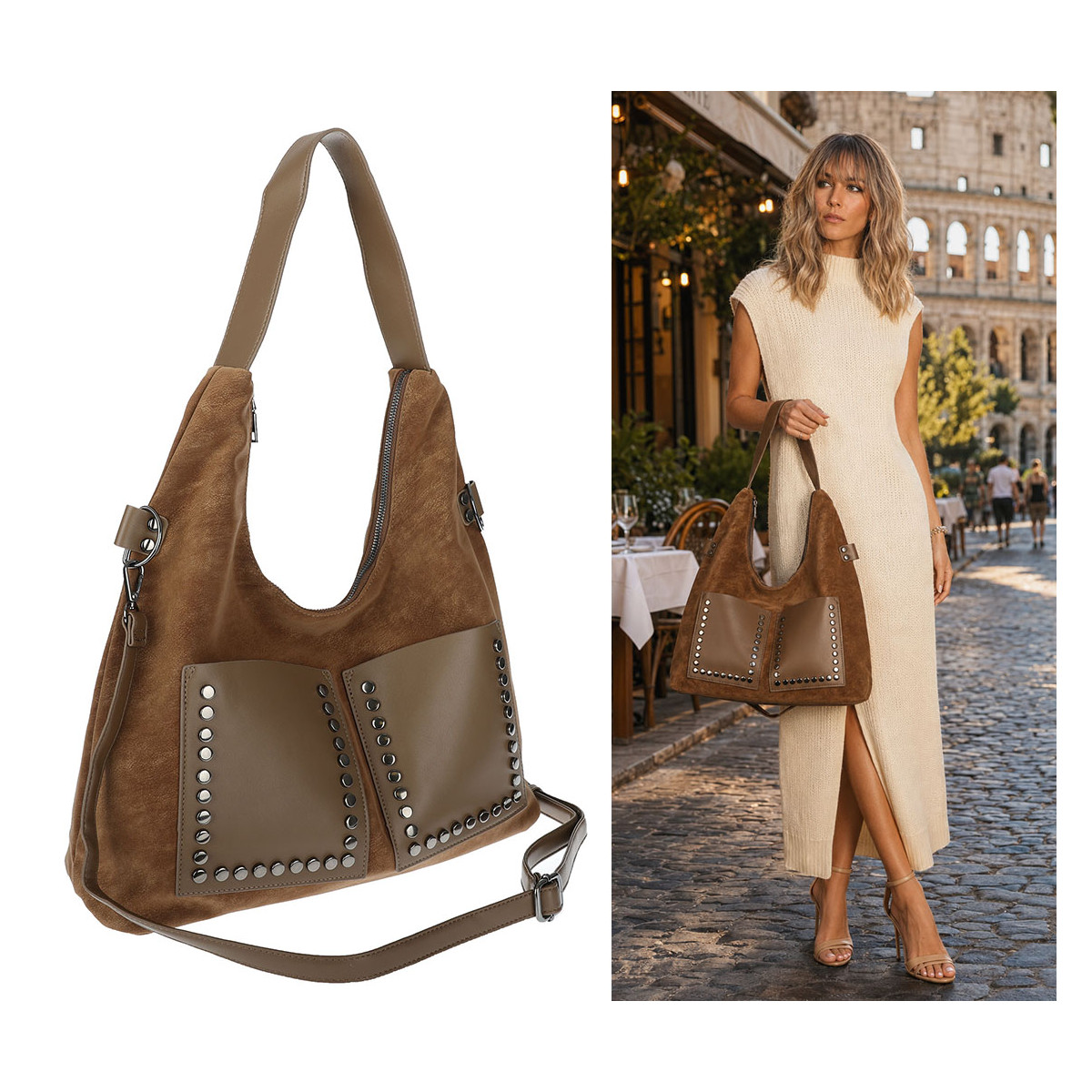 Torebka Damska Shopper na Ramię worek modna torba Listonoszka MC868 Beżowa