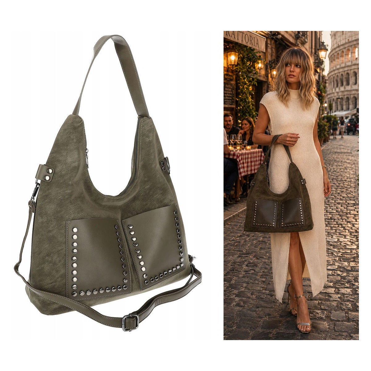 Torebka Damska Shopper na Ramię worek modna torba Listonoszka MC868 Zielona