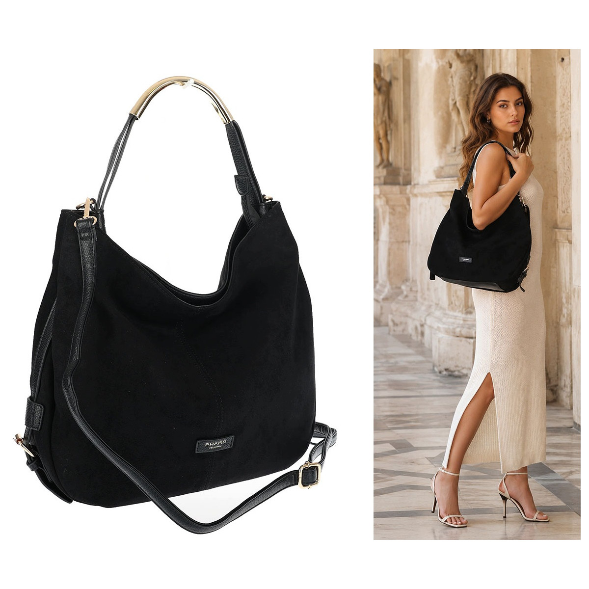 Torebka damska shopper torba zamszowa na ramię modna do pracy PJ451 Czarna